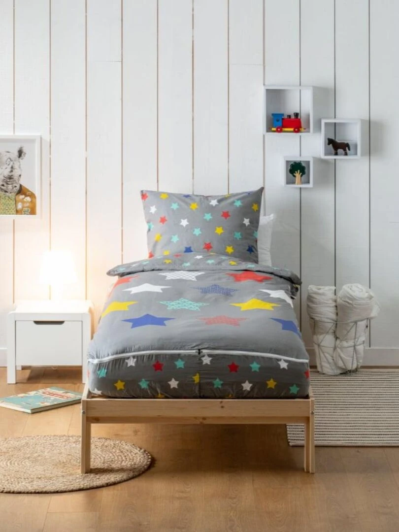 Bleu Câlin Caradou® Stars Sans Couette 90x190cm Parure Enfant Étoiles Gris