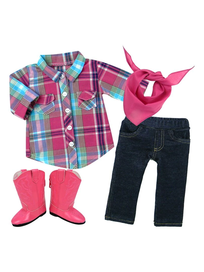 Sophia's 18" Poupee Bouton à carreaux chemisier jeggings en denim bandana et bottes N/A