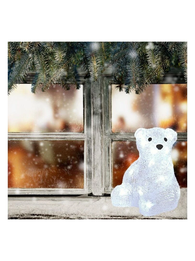 Ourson blanc assis intérieur noël lumineux 16 leds H18 piles Blanc