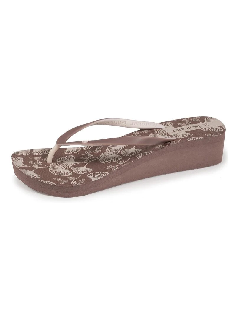 Tongs Femme imprimé floral talon Taupe Marron