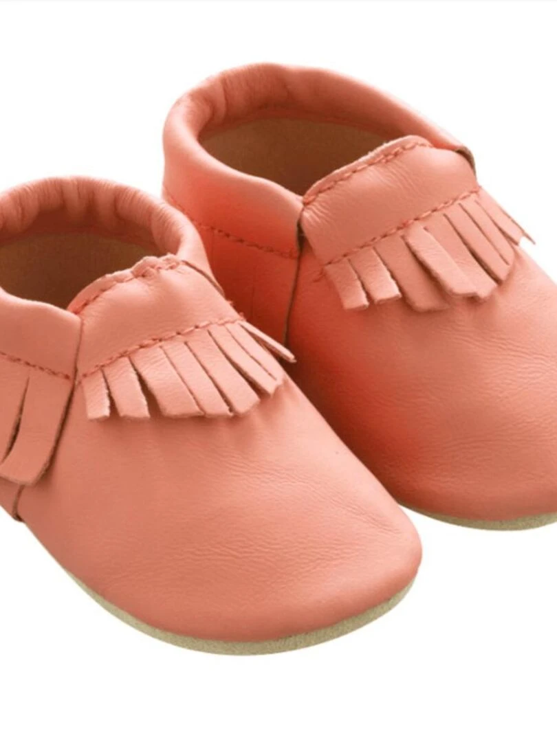 Chaussons cuir souple à franges corail Rose