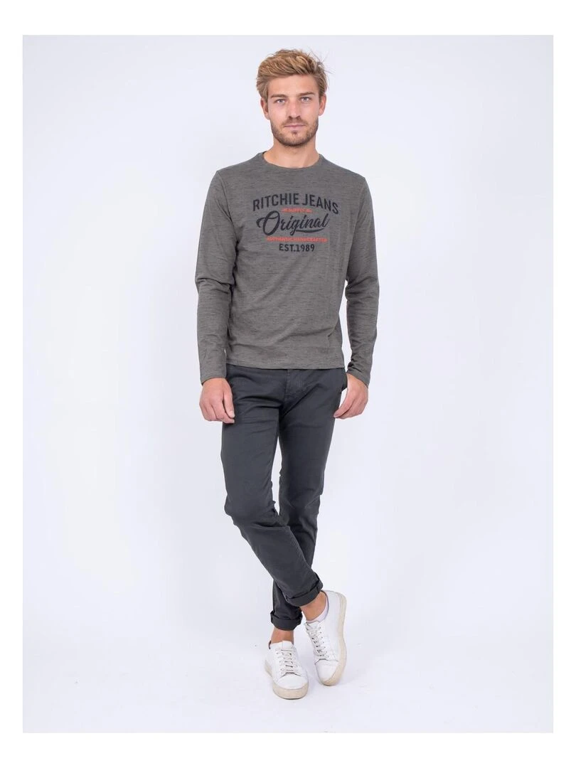 T shirt manches longues col rond pur coton JUPOL   Kaki