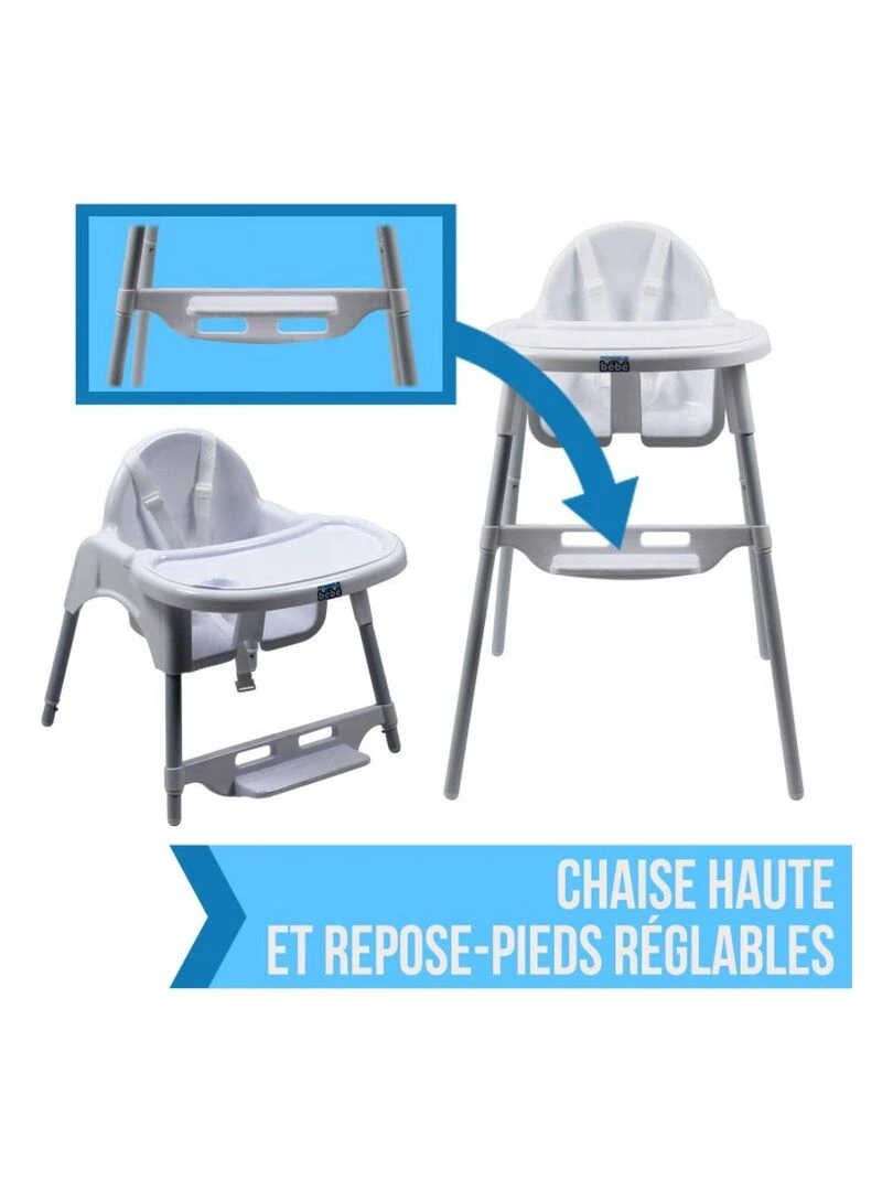 Chaise haute bébé  enfant  réglable hauteur et tablette   Délice Bleu   Monsieur Bébé   Blanc
