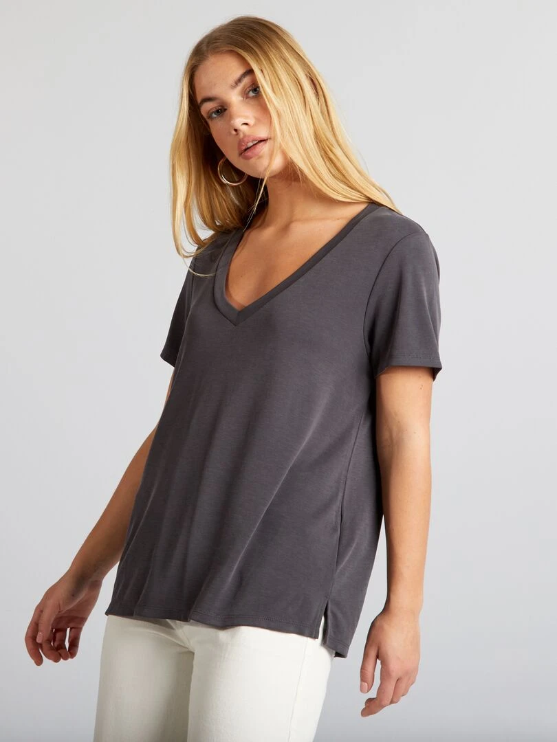 T shirt stretch à col V   Noir