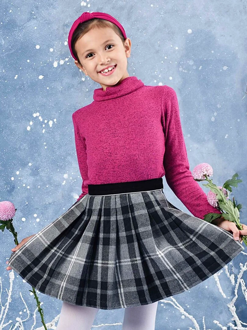 Ensemble Pull col roulé & jupe plissée tartan 'LA FAUTE A VOLTAIRE' Gris Rose