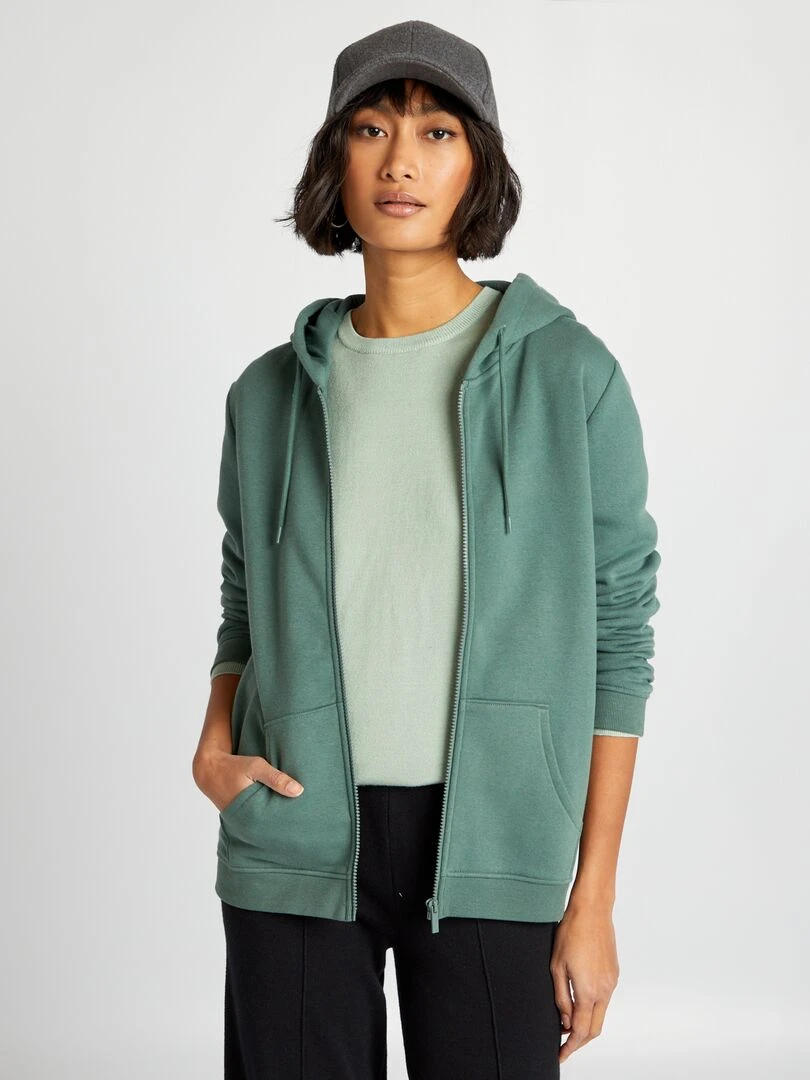 Sweat zippé à capuche vert grisé