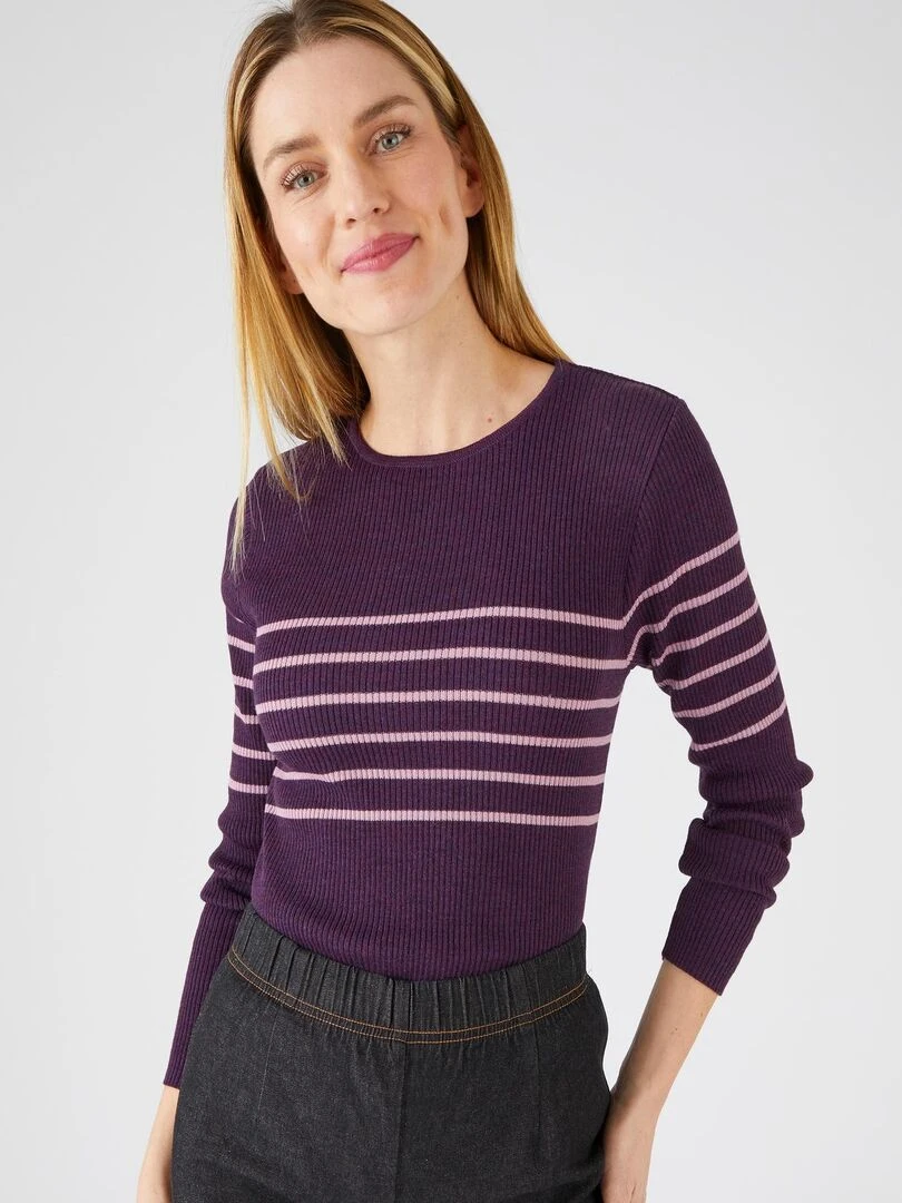 Pull col rond 50% laine mérinos uni et rayé Damart Violet