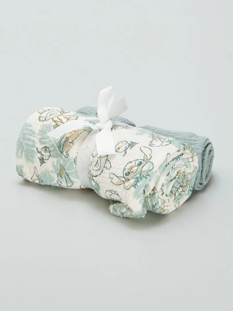 Lot de 2 langes en gaze de coton 'Stitch'   Vert