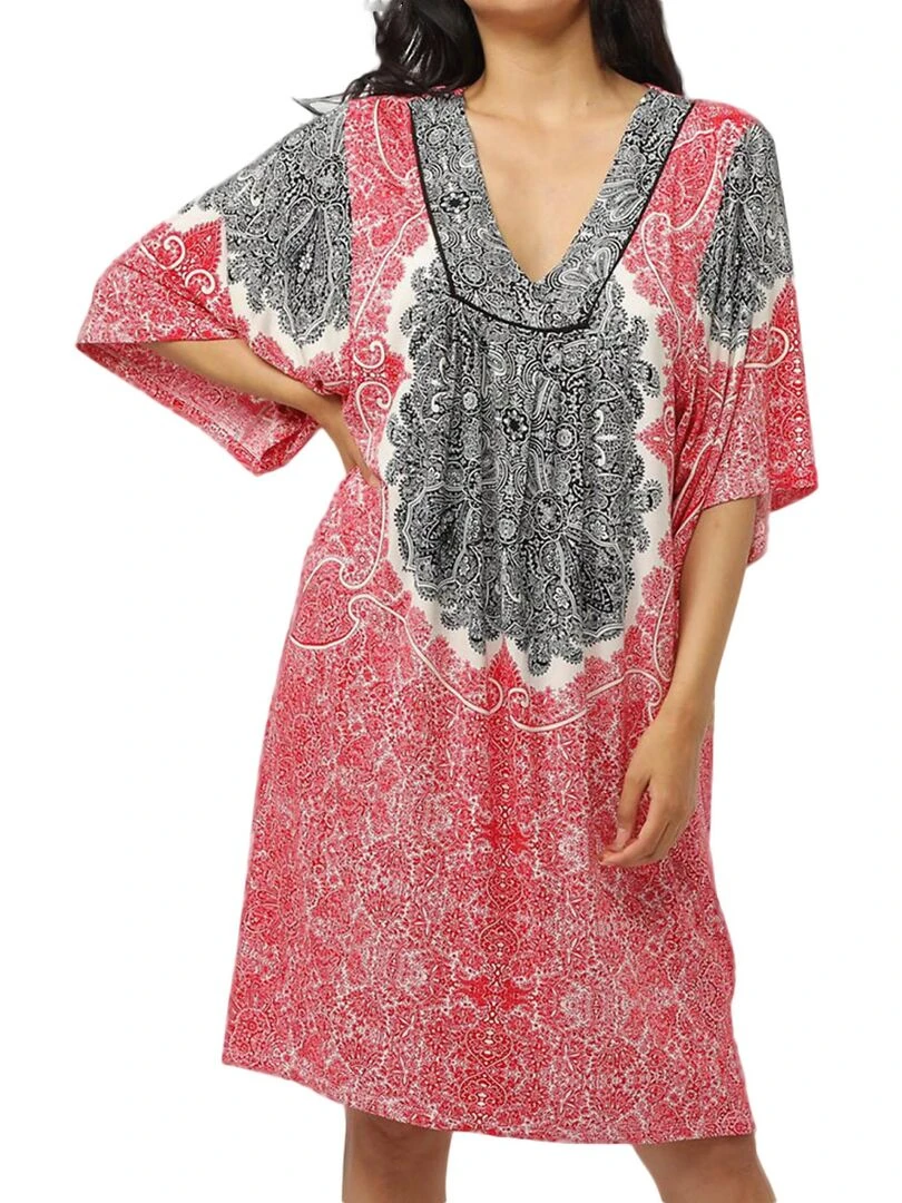 Robe de plage manches trois quarts Beach Paisley Rouge