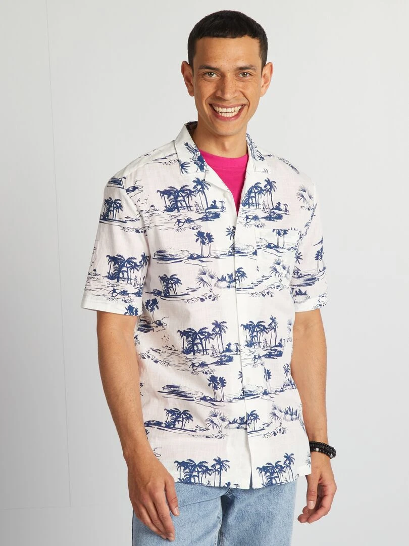 Chemisier imprimé en lin mélangé   Blanc