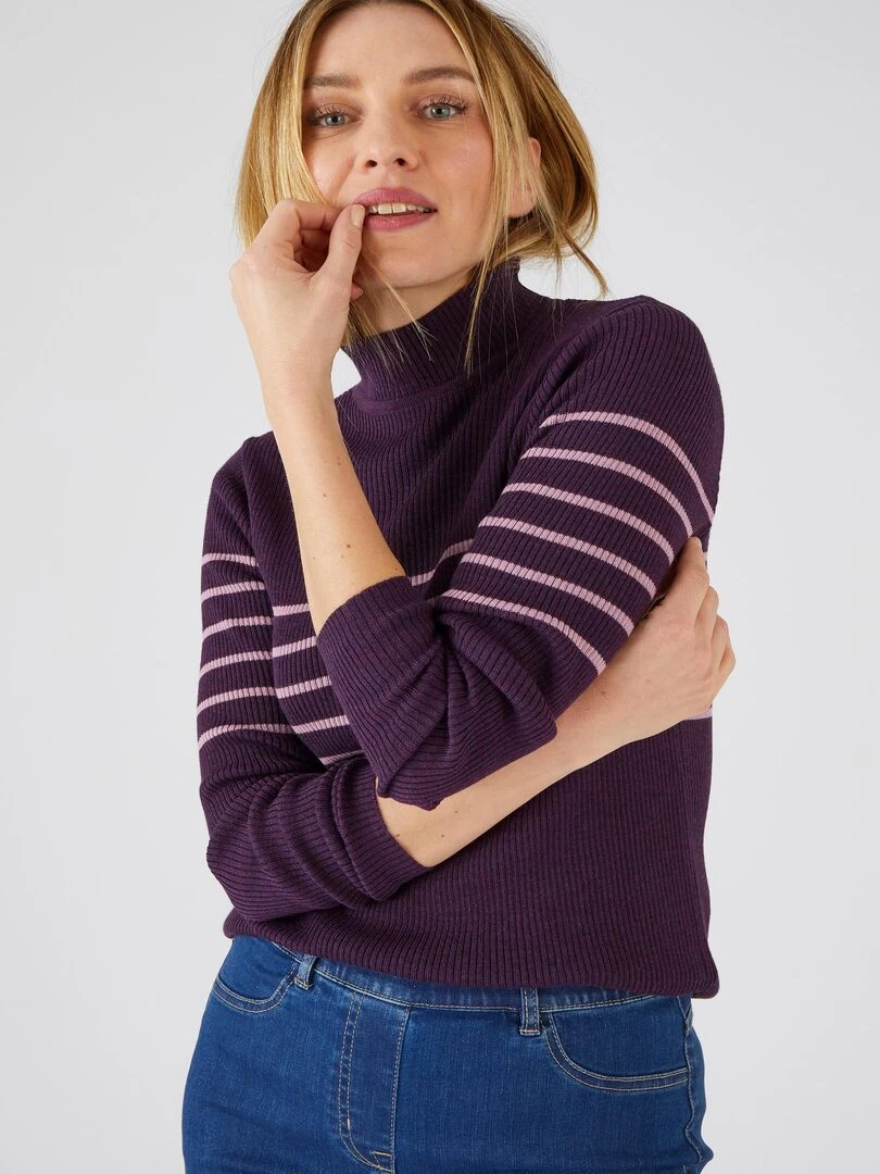 Pull col montant 50% laine mérinos uni et rayé Damart Violet