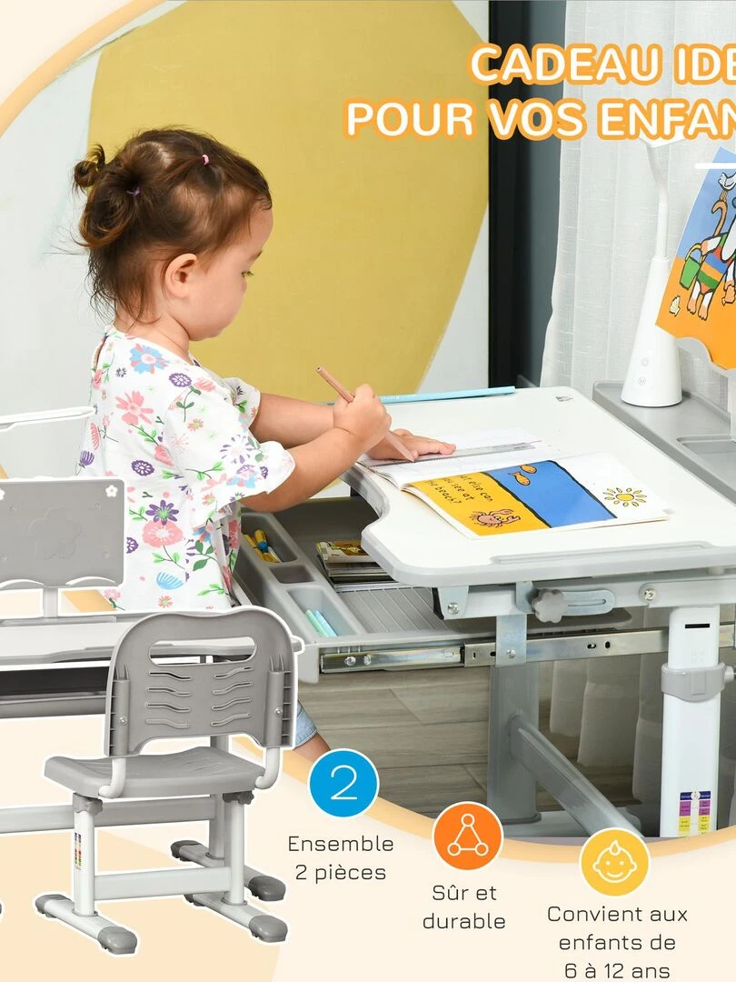 Bureau enfant avec chaise réglables lampe et support inclus   Gris