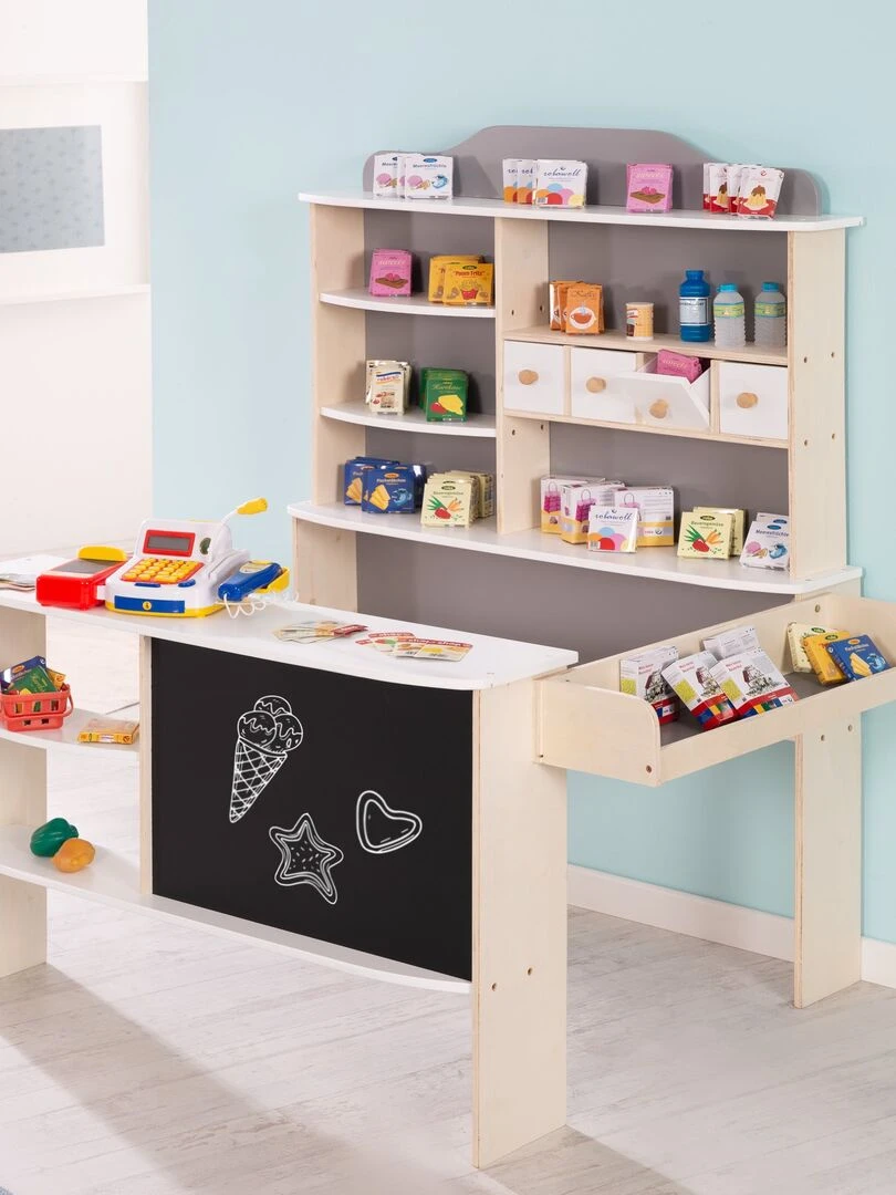 ROBA Marchande Enfant en Bois à 4 Tiroirs   Étagères et Tableau Noir   Blanc/Gris   N/A