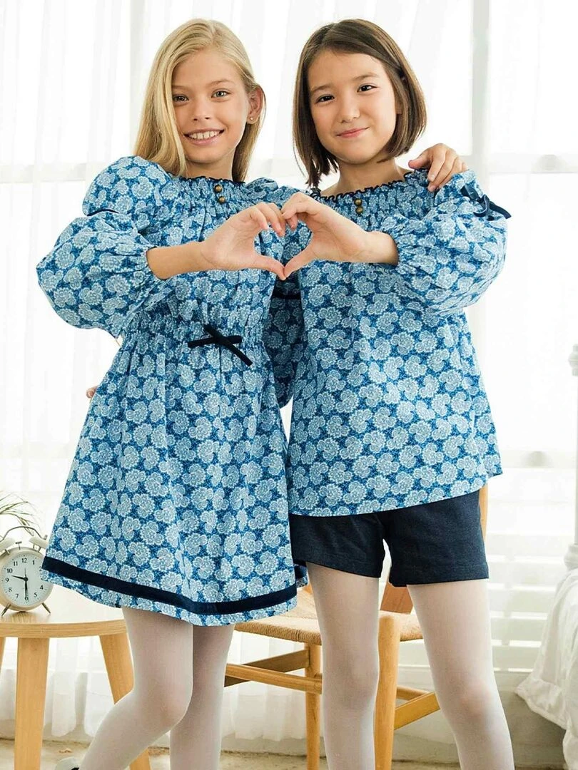 Robe Intersaison Fleurie Roi Fille Col Smocks CHIMENE 'LA FAUTE A VOLTAIRE' Bleu Blanc Bleu