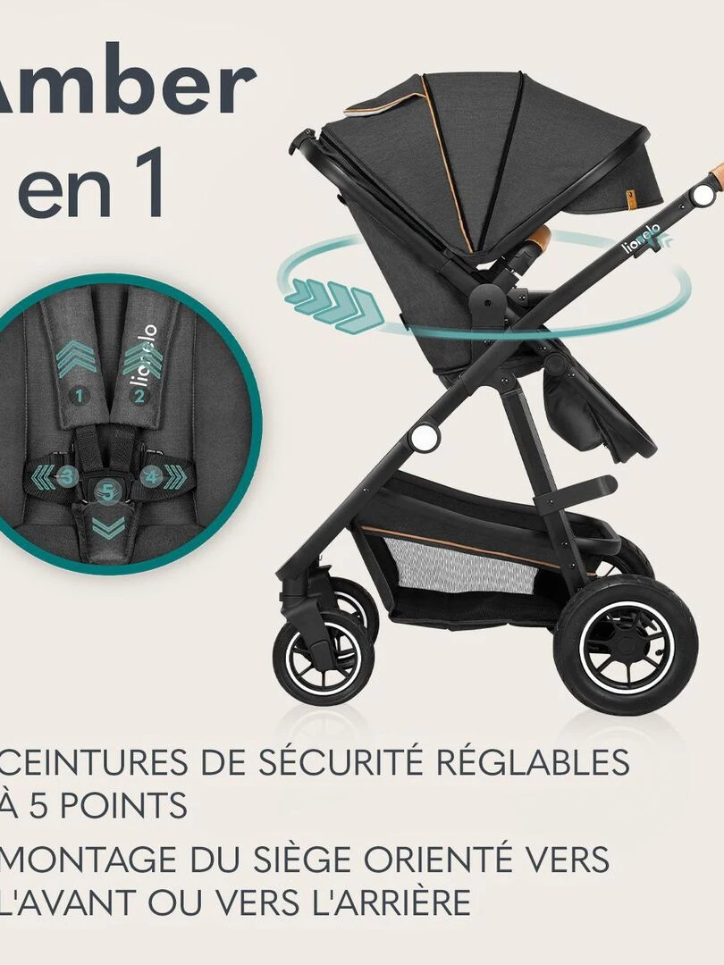 LIONELO Amber   Poussette bébé 3en1   Jusqu'à 22Kg   Nacelle  Cosy Siège auto  Accessoires   iSize   Gris foncé