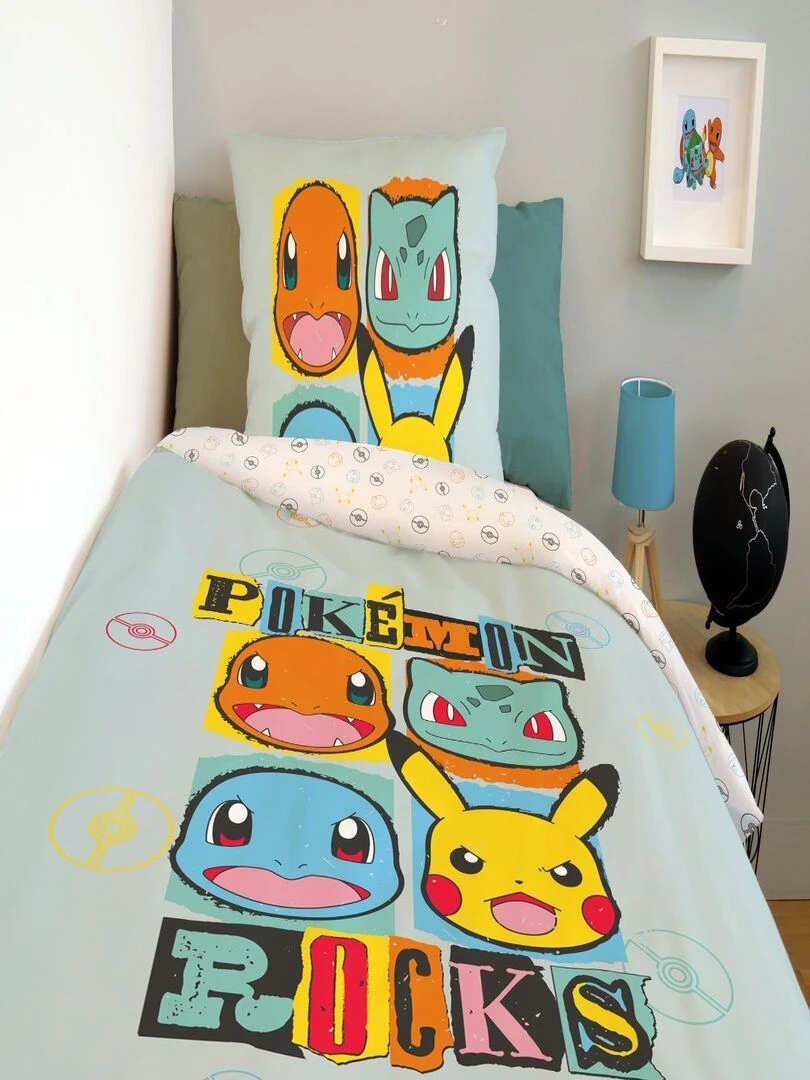 Housse de couette Pokemon Pikachu Rocks 140x200 cm   100% Coton   Vert d'eau