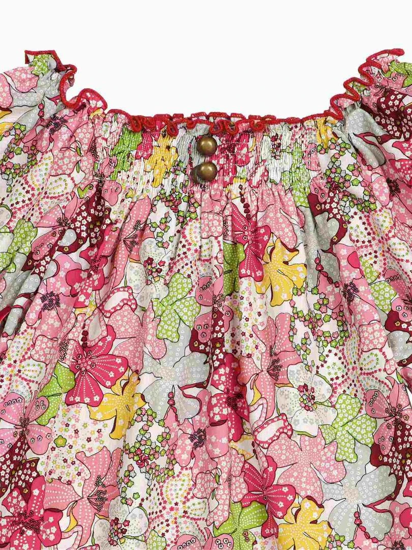 Blouse Fleurie Liberty Rouge à col Smocks Fille  CHIMENE   'LA FAUTE A VOLTAIRE'   Rouge