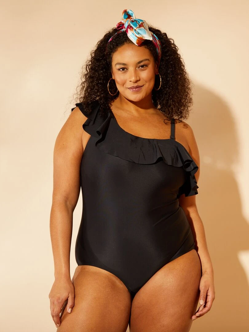 Maillot de bain asymétrique à volants 1 pièce noir
