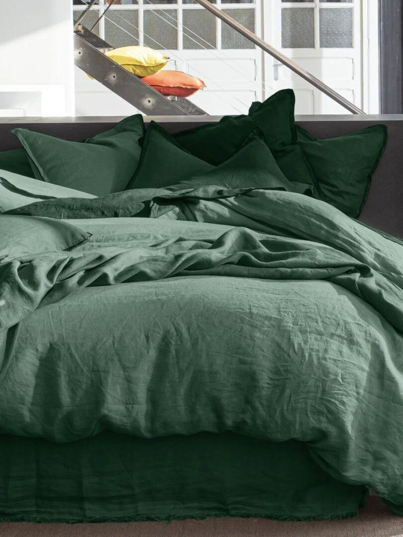Housse de couette + 2 taies d'oreiller 65x65 cm en lin Français lavé   Vert foncé
