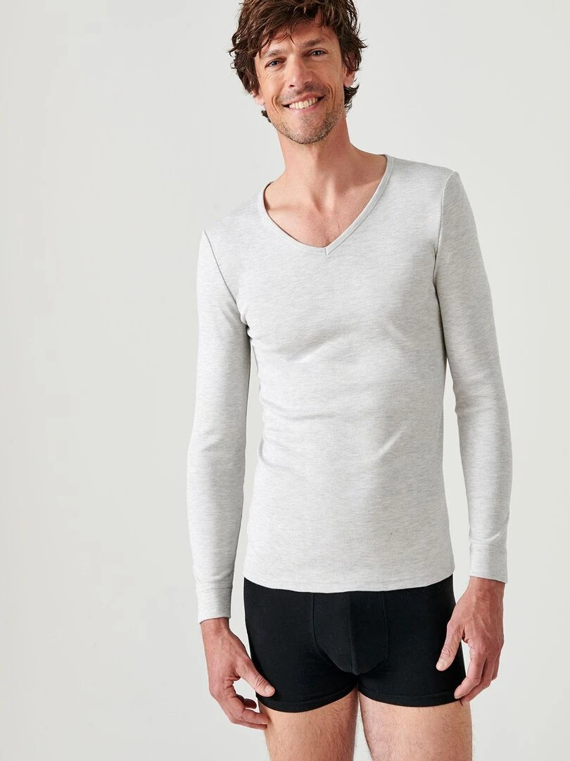 T shirt col V maille interlock Thermolactyl Damart Gris chiné