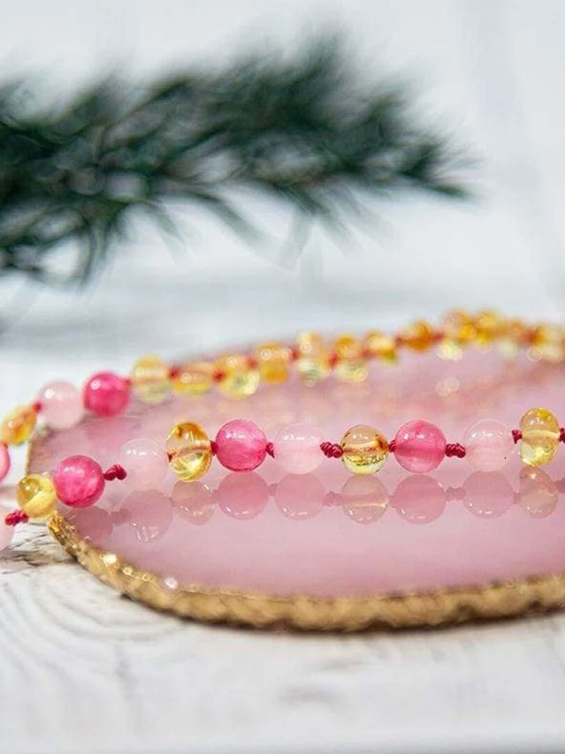 Collier bébé Ambre et pierres naturelles Ambre Lemon/Quartz rose/Calcédoine Rose