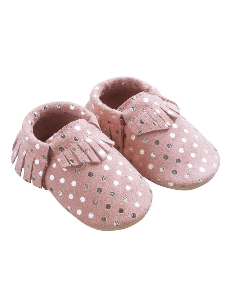 Chaussons cuir souple à franges à pois Rose