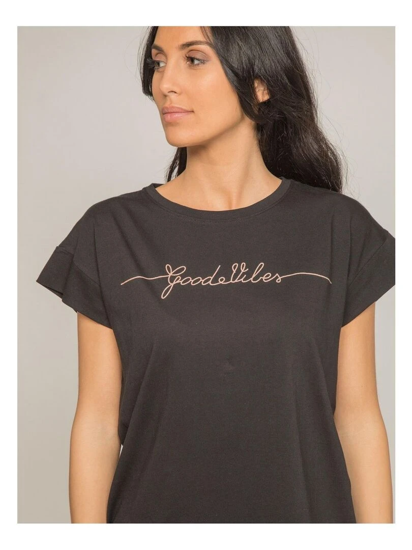 T shirt col rond message FIBES   Noir