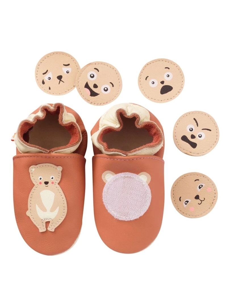 Chaussons bébé cuir souple à émotions ours Orange corail