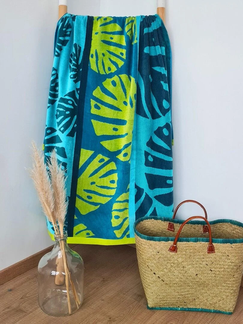 Serviette de plage éponge velours Jacquard Monstera 90x170 400g/m² Bleu canard