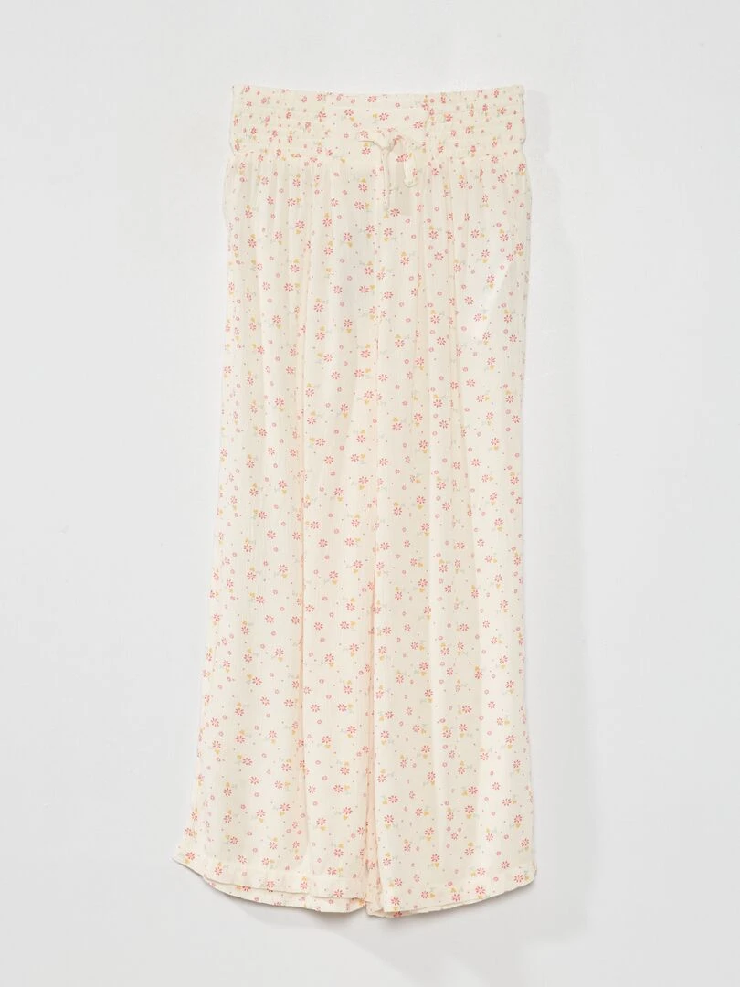 Pantalon large 'fleuri' tissu gaufré Beige