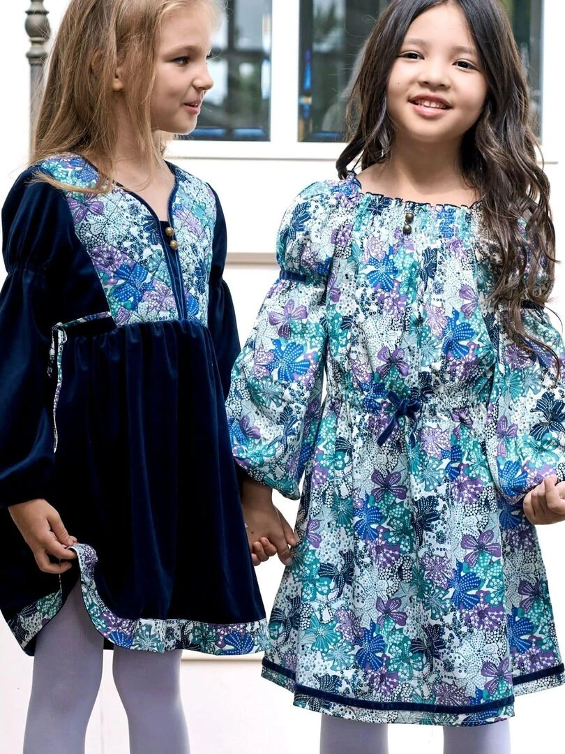 Robe Intersaison Fille Liberty Fleuri Bleu Violet Lilas CHIMENE 'LA FAUTE A VOLTAIRE' Bleu Violet Blanc