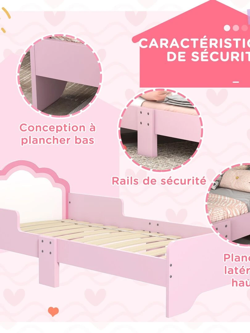 Lit enfant design girly motif nuage avec sommier à lattes rose blanc   Rose