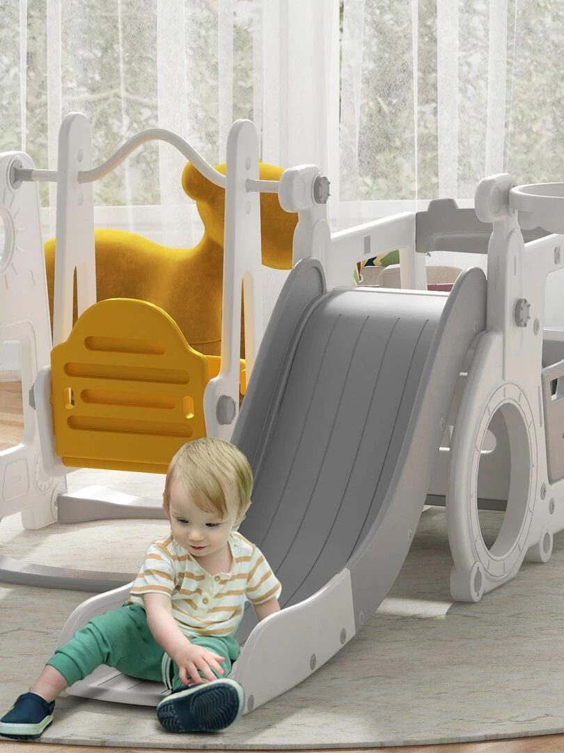 Portique enfant toboggan  balançoire  panier basket ball  échelle  maisonnette  franchissement   Gris