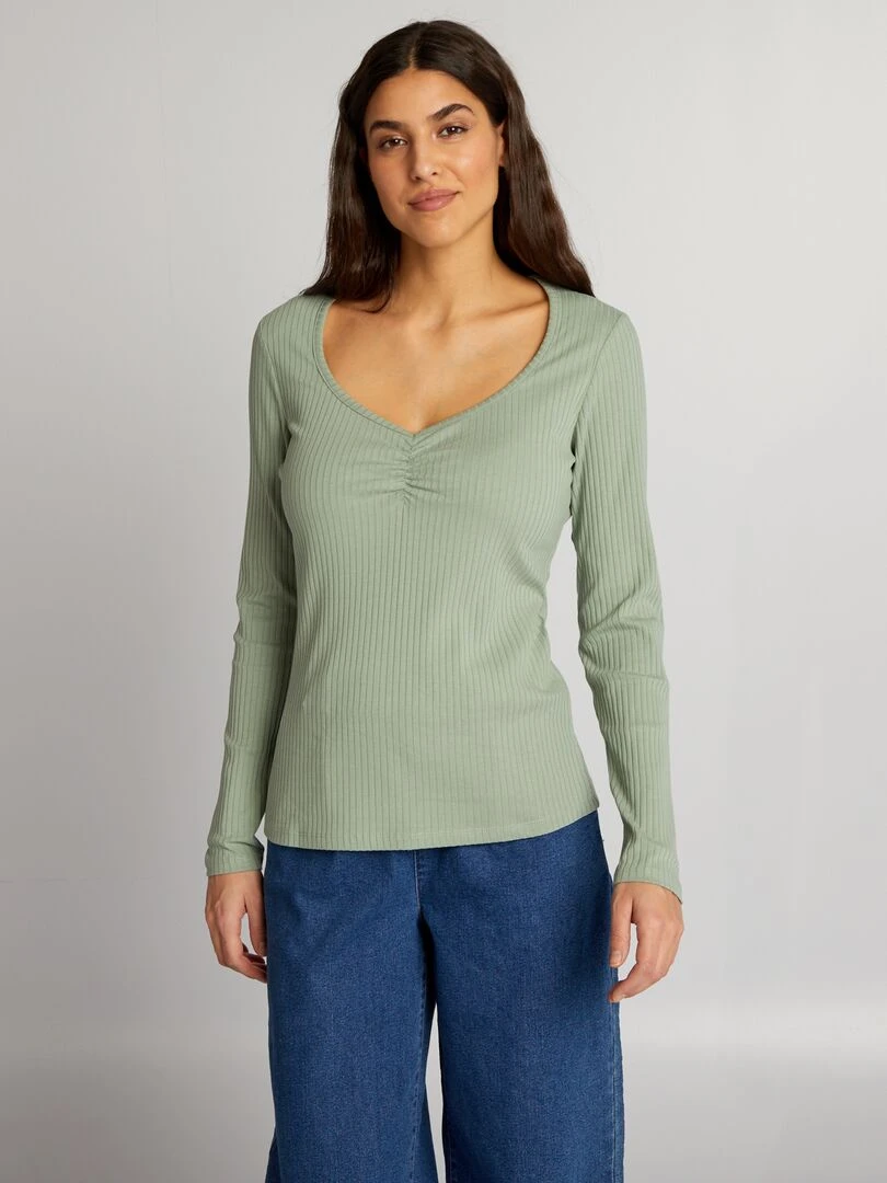 T shirt côtelé avec col fantaisie   Vert