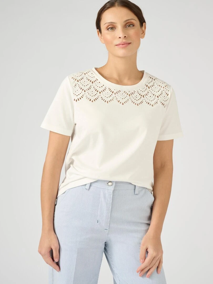 Tee shirt brodé pur coton Damart Blanc cassé