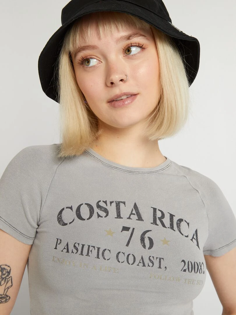 T shirt cropped 'London'   Gris