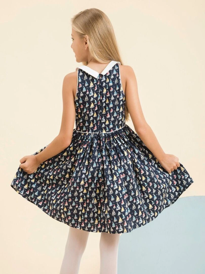 Robe Qui Tourne Fille  Bleu Marine imprimé Voiliers  HEPBURN   La Faute à Voltaire   Bleu marine