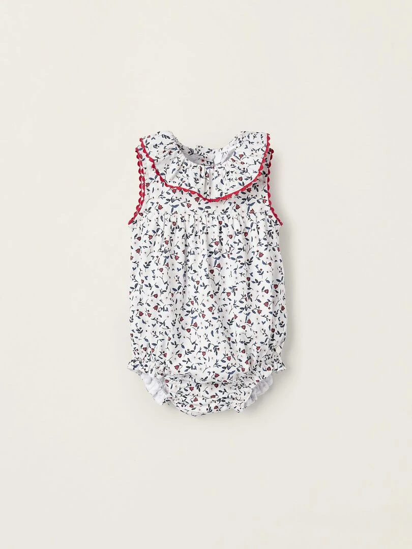 Combishort Florale en Coton pour Nouveau née manches longues ATLANTIC COMPANY Blanc