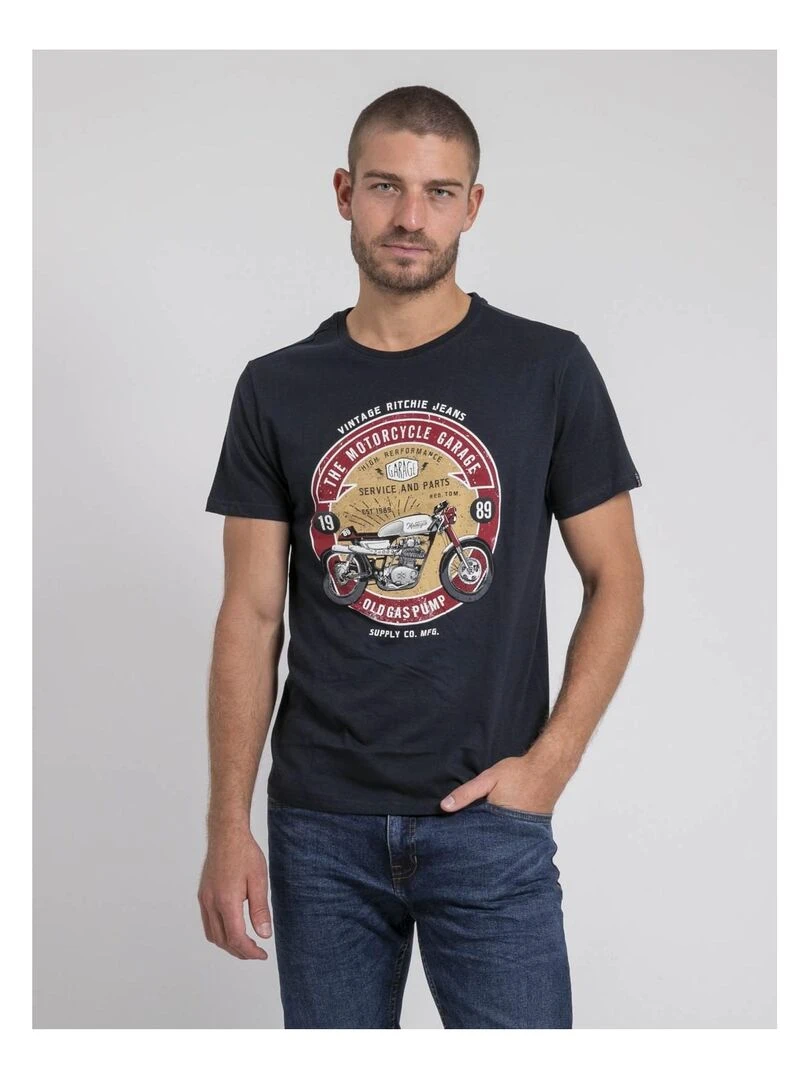 T shirt col rond pur coton JORISOL Bleu marine