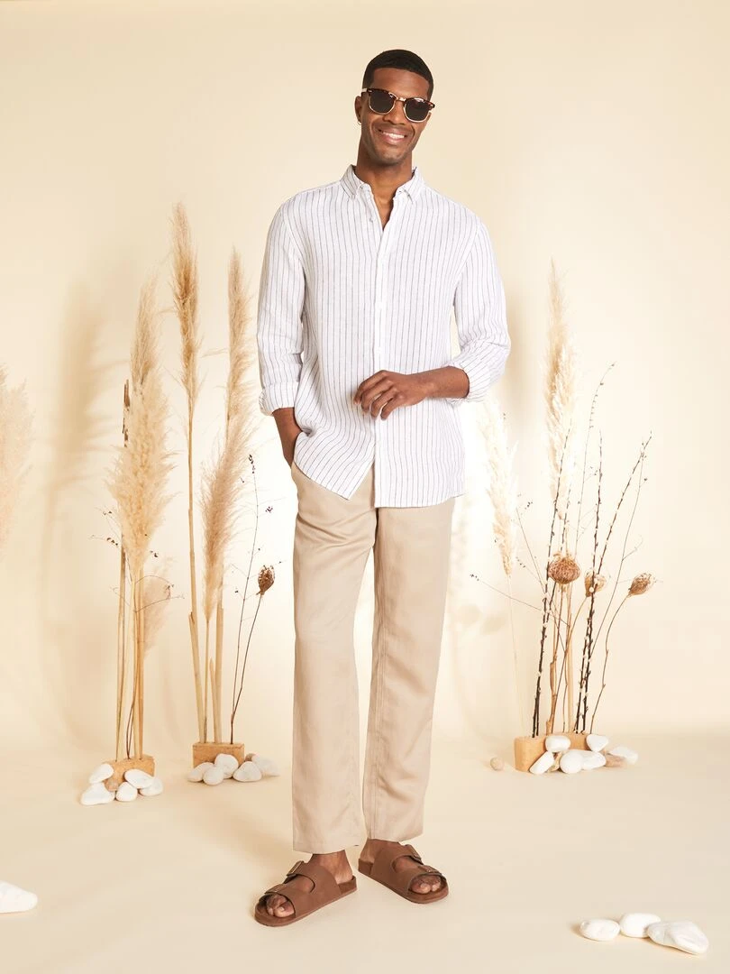 Chemise droite en lin Blanc/beige