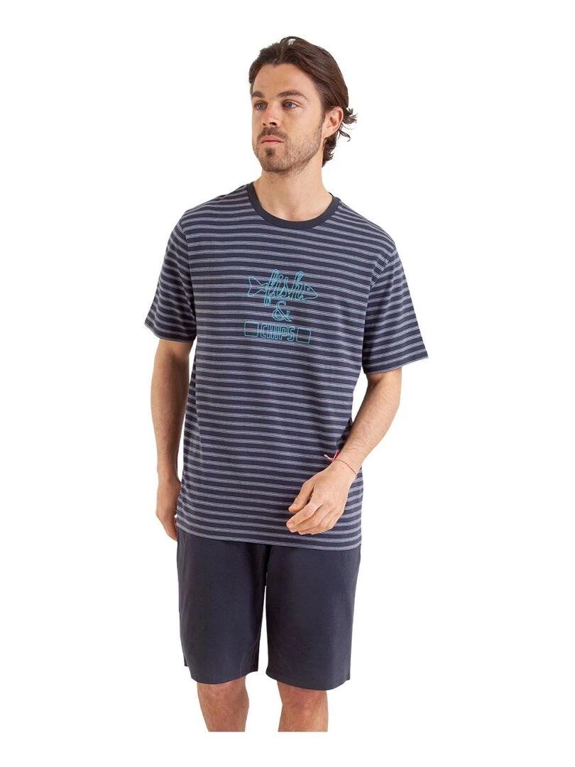 Pyjama court homme Rayures Fish & Chips Gris Blanc