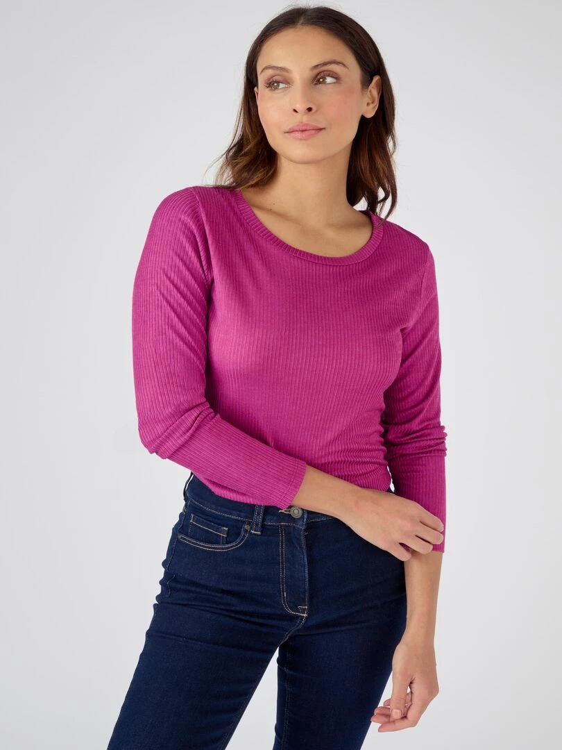 T shirt col rond maille côtelée Thermolactyl Damart Rose framboise