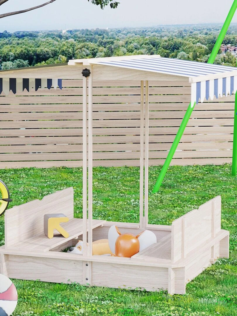 Bac à sable carré en bois pour enfant bancs couvercle auvent réglable   Bleu