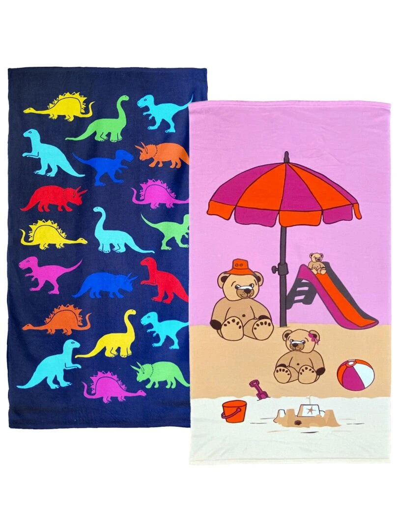 Pack serviette de plage microfibre enfant Dino et Nounours Multicolore