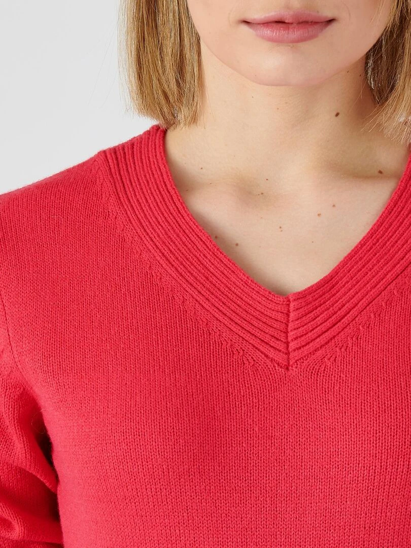 Pull col "V" maille jersey Damart Rose framboise
