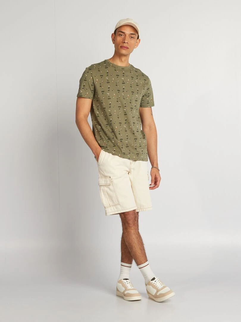 T shirt en coton imprimé à col rond Kaki 'surf'