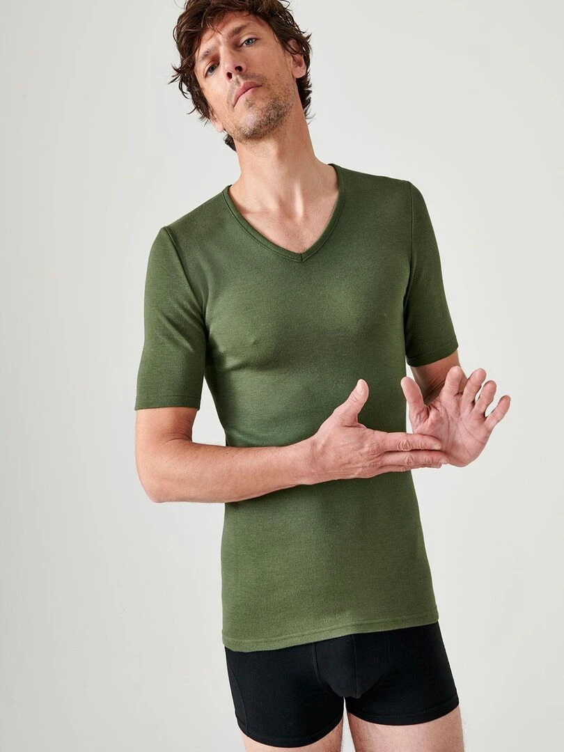 T shirt col V manches courtes maille classique Thermolactyl Damart Kaki
