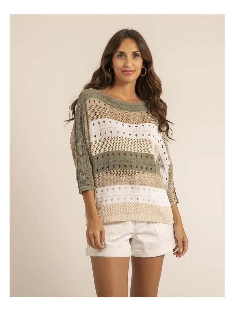 Pull léger maille ajourée KARLA Kaki