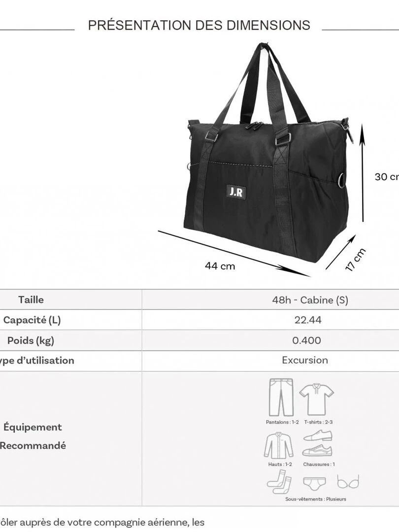 Sac de voyage week end 22L sans roulettes Noir