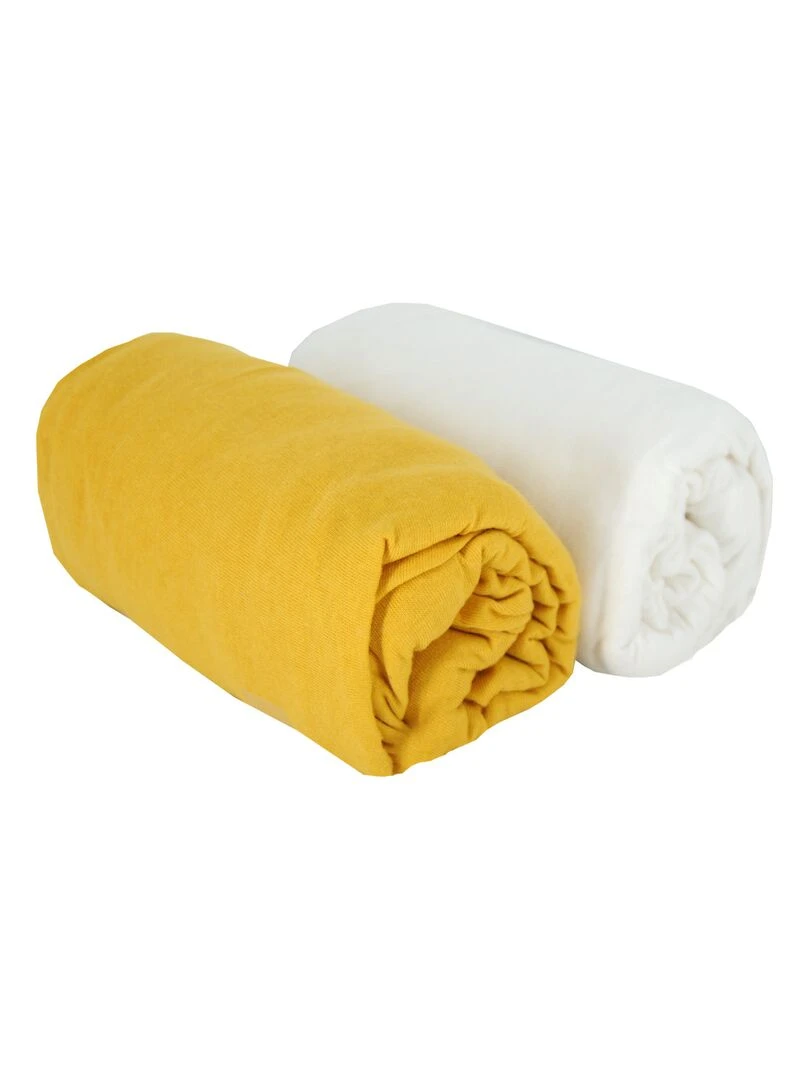 Lot de 2 draps housses unis 60x120 cm Moutarde/Blanc Jaune